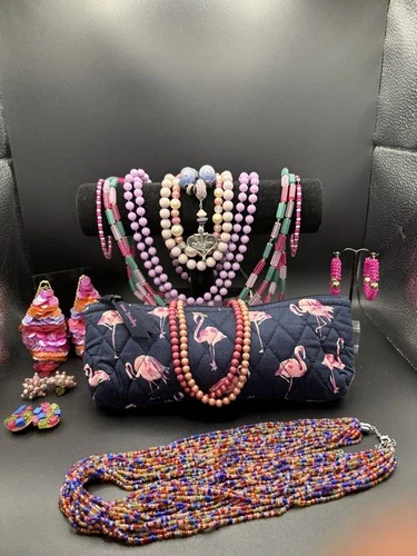 Vintage Pink Costume Jewelry With Vera Bradley Small Bag Lot