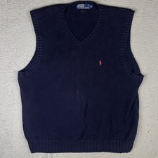 Polo Ralph Lauren Mens Navy Blue Cotton V-Neck Sweater Vest Red Pony Size XL