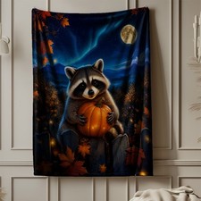 Autumn Raccoon With Pumpkin Coral Fleece Blanket Cozy Fall Throw