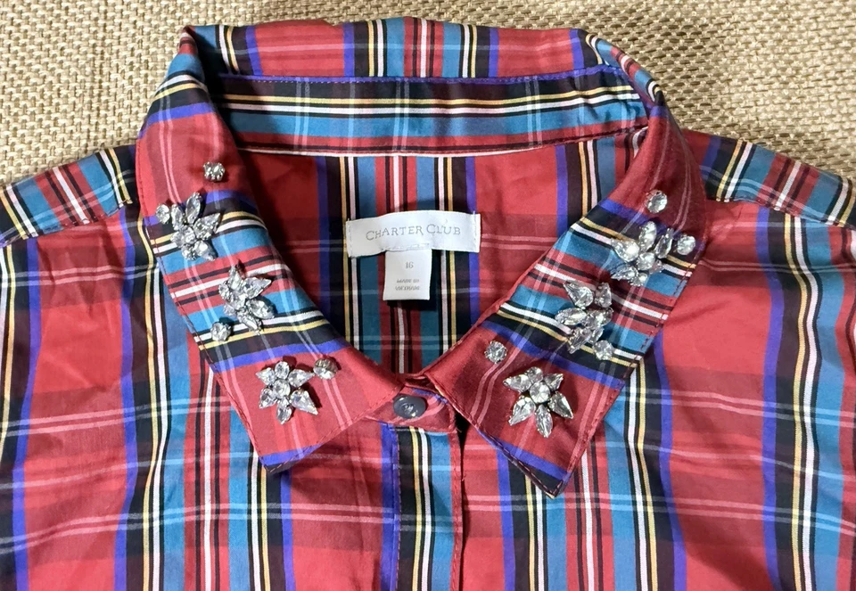 Camisa a Cuadros Charter Club Estrás Tartán 16 Botones Rojos Vacaciones de Navidad Foto 4 de 4