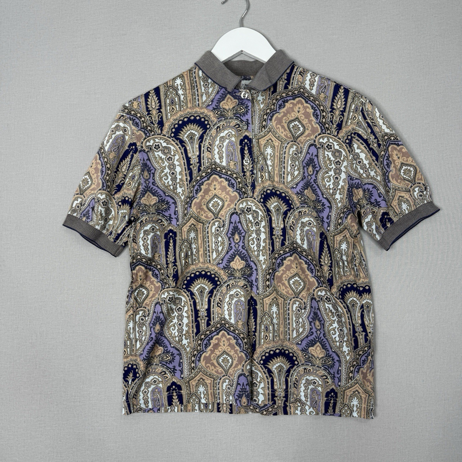 Vintage Como Sport Womens Top Medium Purple Abstract Paisley Polo Made in Italy