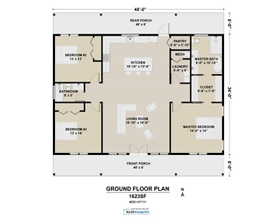 34x48 Modern Farmhouse Custom Architectural Ranch HouPlans 1632SF - PDF Download