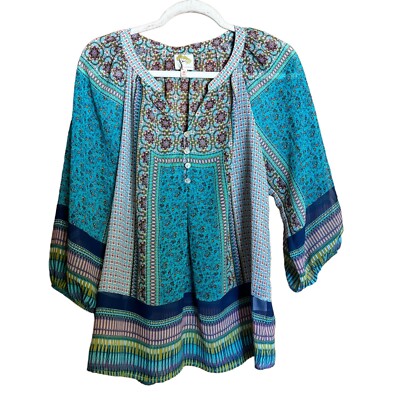 Anthropologie Fig and Flower Top Medium Sheer Boho Blouse Floral Fairy Chiffon