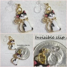 Invisible Clip On, 3/4" Black/White Kitty Cat Non-Pierced GoldTone Earrings Y491