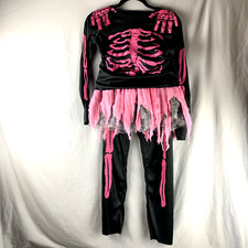 Childs Neon Skeleton Bones Tutu Halloween Costume 4 Piece Set Size 10-12