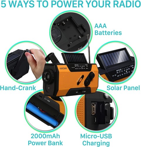 7400mWh Emergency Crank Radio, 3-in-1 Charge, Hand Crank, Solar, NOAA/AM/FM - Picture 3 of 8