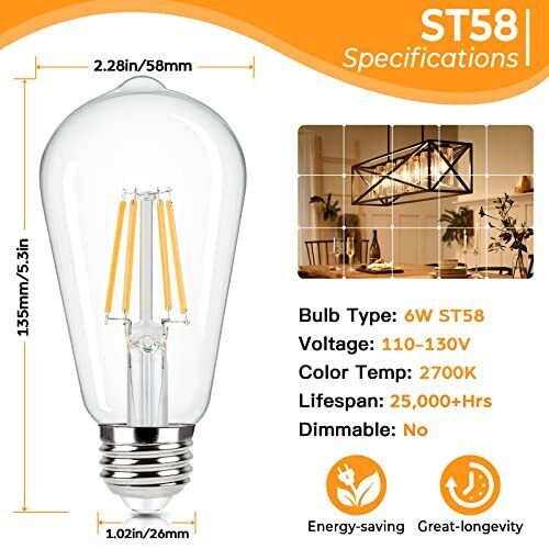 4-Pack Vintage LED Edison Bulbs 60W Equivalent, 6W 4 Count (Pack of 1) 2700k - Picture 3 of 8