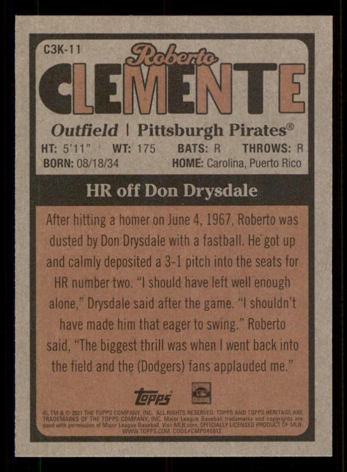 2021 Topps Heritage High Number Clemente 3000 #C3K11 Roberto Clemente - Image 2 of 2