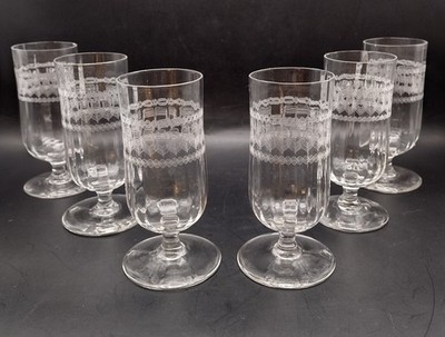 6 Vintage Needle Etched Optic Footed Juice Glasses 4.75'' Greek Key Band Art Deco