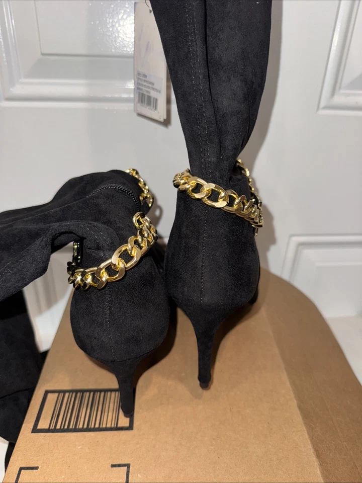 Женские сапоги Juicy Couture модель Tania черные выше колена размер 10 М с золотой цепочкой на каблуке - Изображение 3 из 4