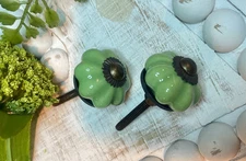 2 ANTQ Brass JADEITE GREEN Kitchen Cabinet Drawer Knobs Depression Ceramic 1.25"