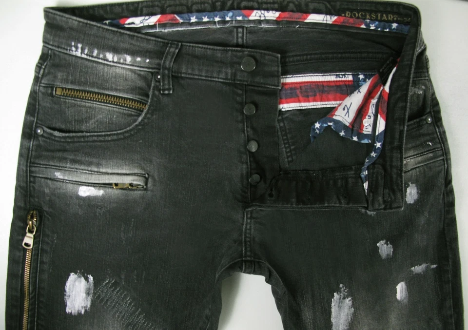 * HOT мужчин ROCKSTAR ANDREW мотоциклиста сужающийся бедствия эластичной молнии черные джинсы 34 x 34 - Изображение 2 из 4