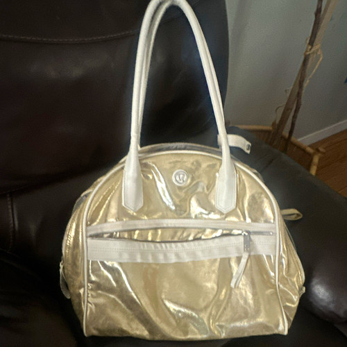 Lululemon Metallic Gold Satchel Top Handle Bag, Double White Handles, Zip