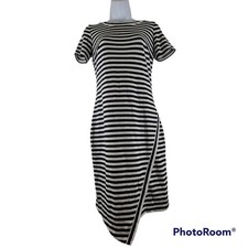 Calvin Klein Black and White Striped Dress Asymmetrical Hem Zip Short Sleeve 2