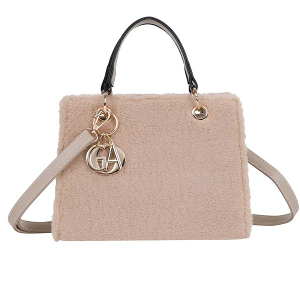 Gallantry, Damen Handtasche PlüSch Mit Goldenem AnhäNger Und Gurt, Taupe-image