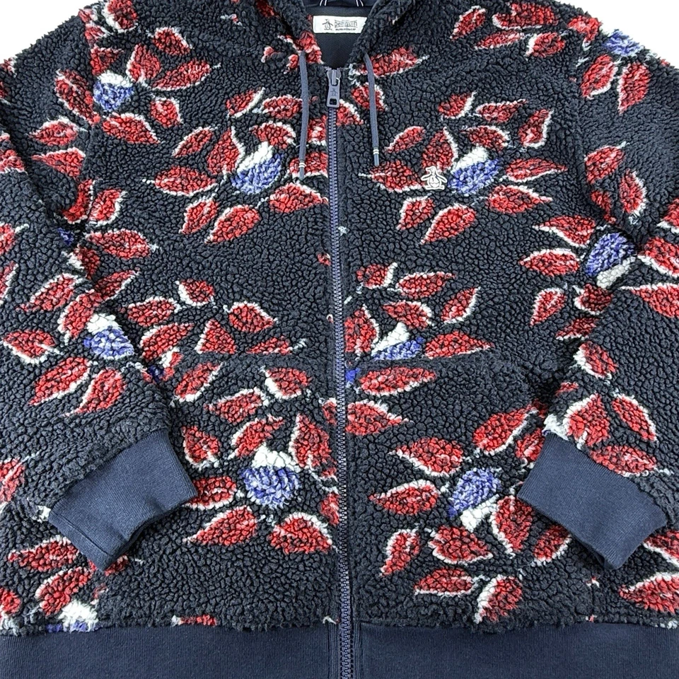Original Penguin Sherpa Fleece Hoodie Mens XL Blue Red White Leaves Lined Zipper - Image 3 of 4