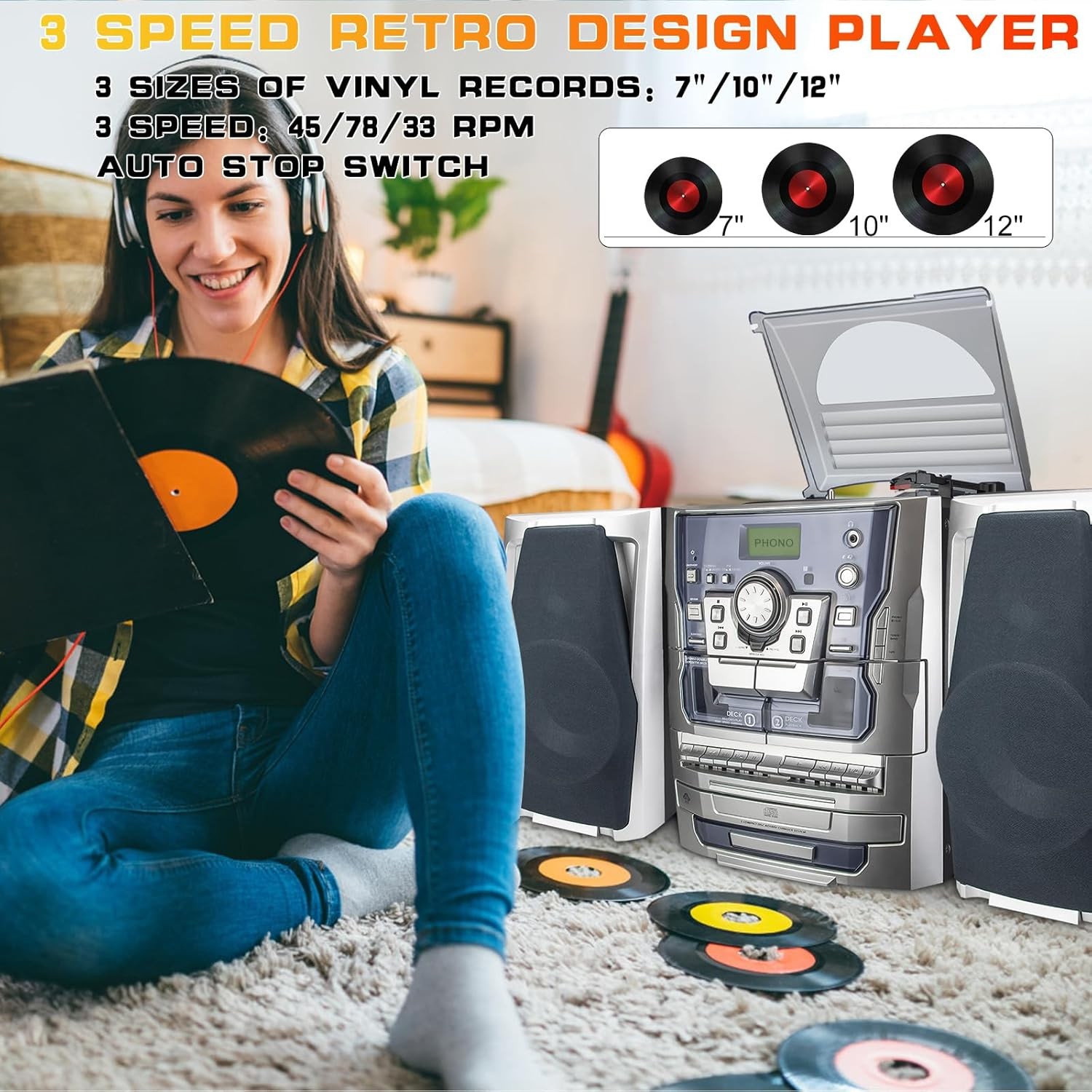 Bluetooth Vinyl Stereo Record Player, 3-Speed Stereo Turntable CD Player Music S