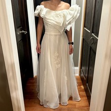 VTG 1970s 70s Off Shoulder Layered Chiffon Floral Wedding Dress - 29  Waist Sz M