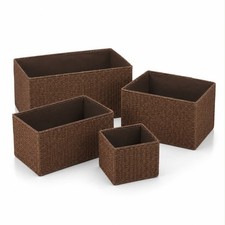 Set of 4 Woven Storage Baskets Recycled Paper Rope Organizer Bins Brown