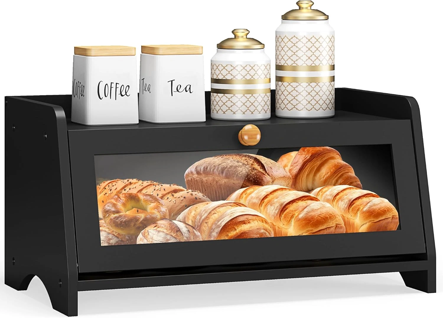 Bamboo Bread Box with Window Large Bread Storage Bin Countertop Shelf