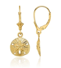 10K Solid Yellow Gold Sand Dollar Starfish Dangle Earrings