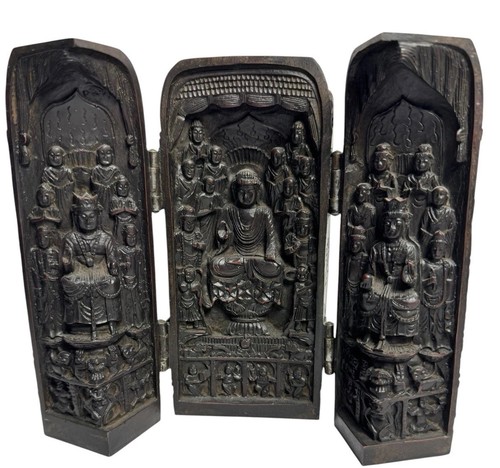 Vintage Chinese Hand Carved Wood Buddhist Triptych Folding Shrine Altar Signed
