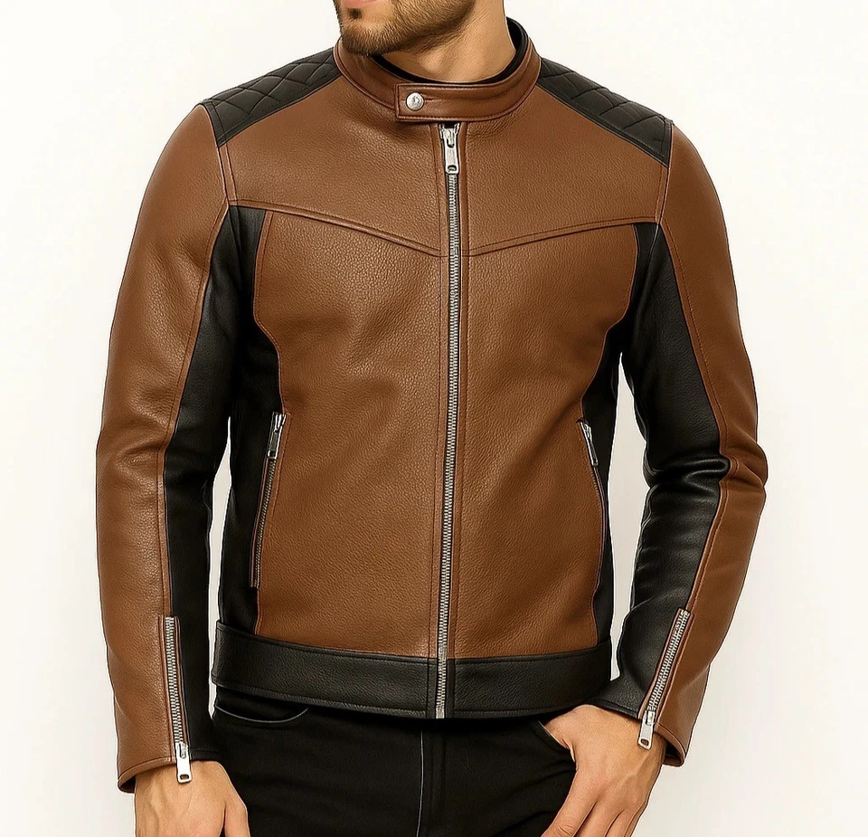 Men's Biker Leather Jacket – Moto Style Quilted Shoulder Zip-Up Motorcycle Coat - Image 3 of 4