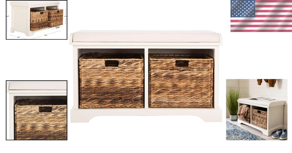 Elegante banco de almacenamiento vintage blanco con cómodo cojín para estilo de entrada Foto 2 de 4