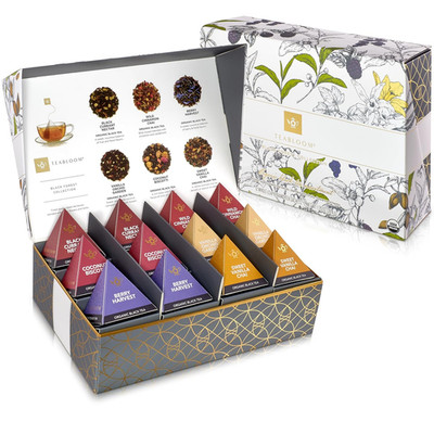 Teabloom Organic Black Tea Pyramid Sampler Box, 12 Assorted Whole Leaf Sachets