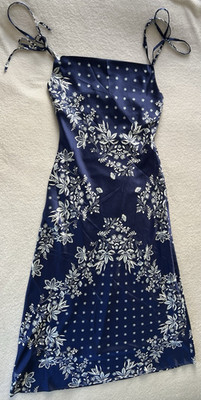 Navy White Floral Midi Dress Tie Strap Size M Wedding Beach Vacation Boho Brunch