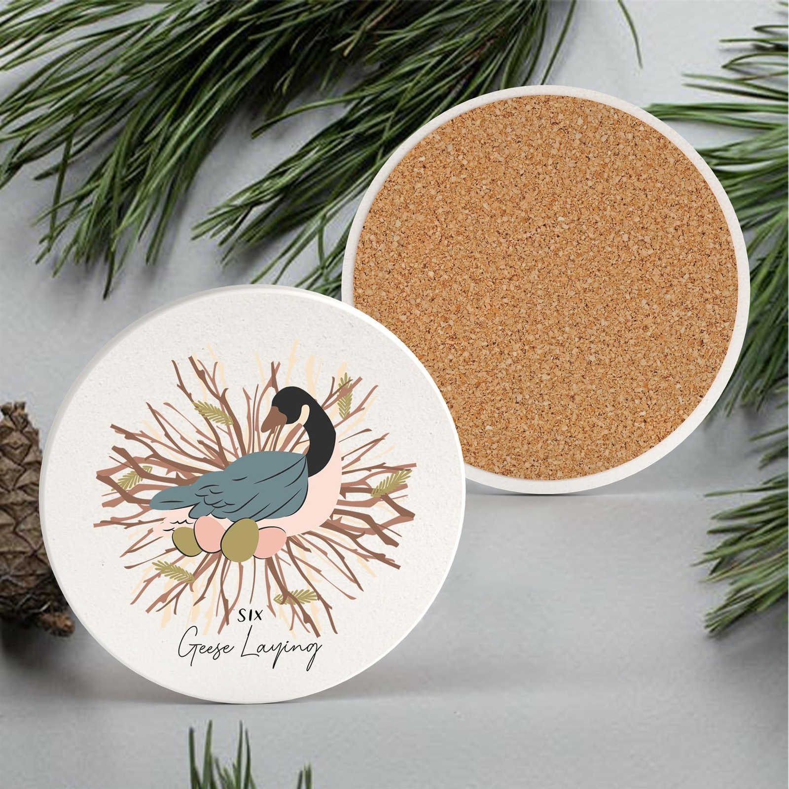 The Twelve Days Of Christmas Six Geese Laying Illustration Ceramic Coaster