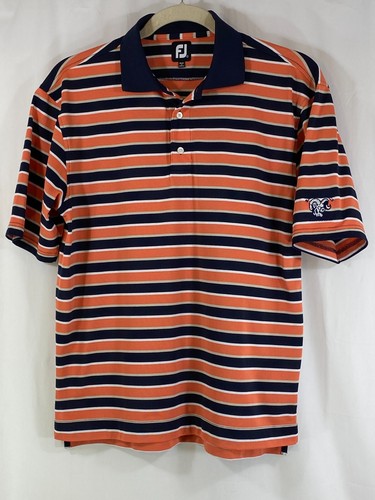 FootJoy Mens Short Sleeve Dark Blue Coral Pink White Stripe Polo Golf Shirt L