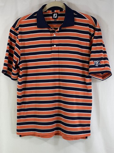 FootJoy Mens Short Sleeve Dark Blue Coral Pink White Stripe Polo Golf Shirt L - Picture 1 of 10