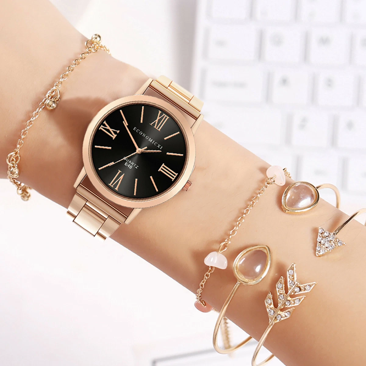 ECONOMICXI Quartz Watch Luxury 4x Bracelet Gemstone Bells Bracele Watch Set
