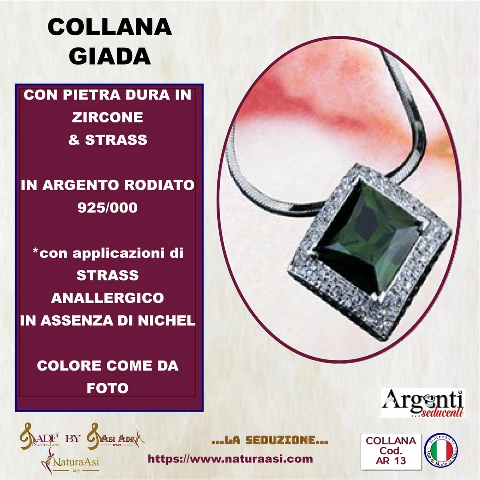 COLLANA GIADA PIETRA DURA ZIRCONE E STRASS ANALLERGICO ARGENTO RODIATO 925/1000 - Immagine 3 di 3