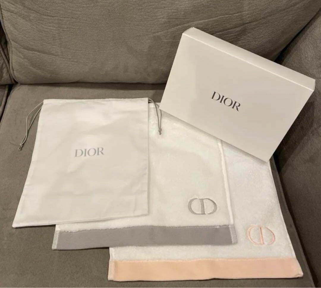 Christian Dior Mini Pouch & 2Hand Towel Set White Pink Grey Logo