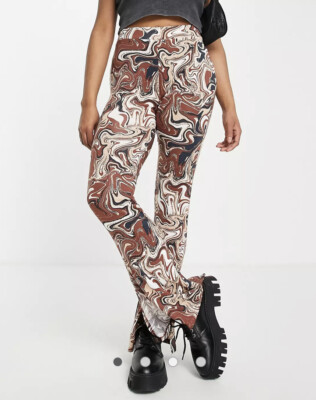 Violet Romance Trousers Marble Print Flare Size 8 Brown Black Bottoms NEW MO45