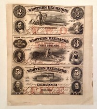 ~1857 $2, 3 & 5 SHEET WESTERN EXCHANGE BISHOP HILL OMAHA NEBRASKA - SIGNED NOTES
