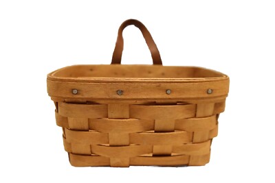 Longaberger 1993 Hanging Wood Key Basket Handwoven 9x5 Signed Leather Handle