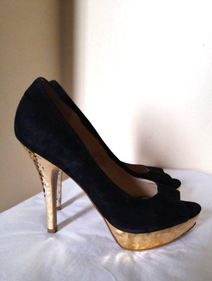 Schwarze Wildleder Enzo Angiolini hochhackige Plateauschuhe goldene Sohle zehenfrei US8M UK 6