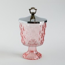 Jeannette Cube Cubist Pink 6 1/2" Footed Candy Jar Metal Lid