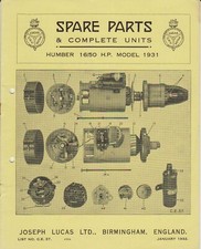 Humber 16/50 HP 1931 Lucas Spare Parts List 8 Pages ILLUSTRATED