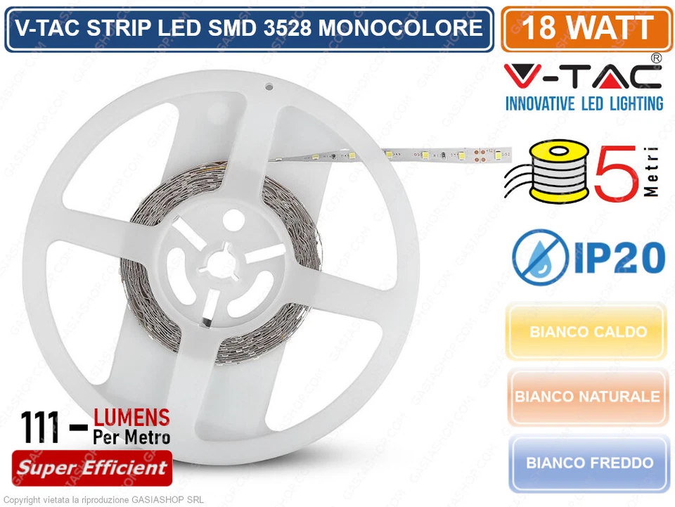 V-TAC STRISCIA LED 3528 MONOCOLORE 60LED/METRO BOBINA DA 5 METRI 2016 2041 2005 - Immagine 3 di 4