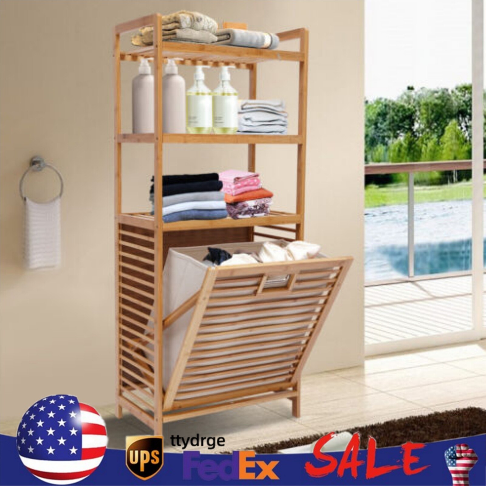 Laundry Hamper Bamboo Bathroom Cabinet Organizer 4 Tier Shower Caddy Shelf Rack-image