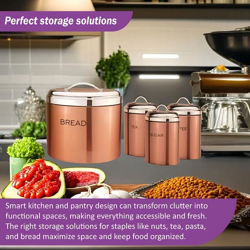 4PCs Kitchen Food Storage Canister Tin Set Bamboo Lid Bin Tea Coffee Sugar Jar - Picture 5 of 22