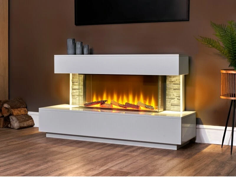 WHITE MARBLE MODERN WALL SURROUND ELECTRIC FIRE FIREPLACE SUITE LIGHTS  50u0026#034; LARGE | eBay
