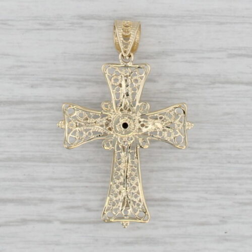 0.35ct Blue Sapphire Orange Cross Pendant 14k Yellow White Gold Oval Solitaire - Picture 2 of 5