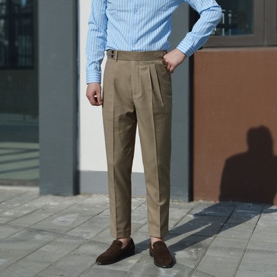 GURKHA pantaloni Uomo marrone slim casual a pieghe regolabili in vita  Pantaloni su misura | eBay