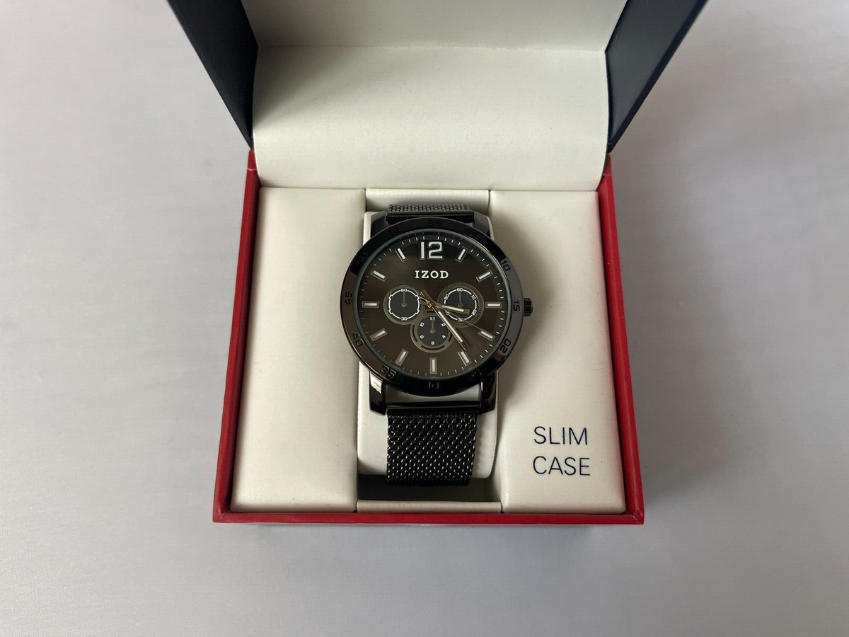 IZOD Men's Black Dial and Case Stainless Steel Mesh Band Watch