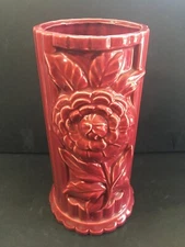 Vintage Cameron Clay Art Pottery Maroon Vase 9" tall x 4" dia. Zinnia Flower